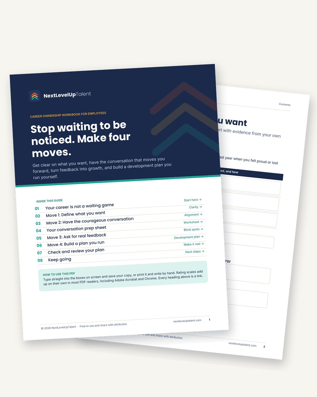 Cover and inside page of the Stop waiting to be noticed: own your career guide