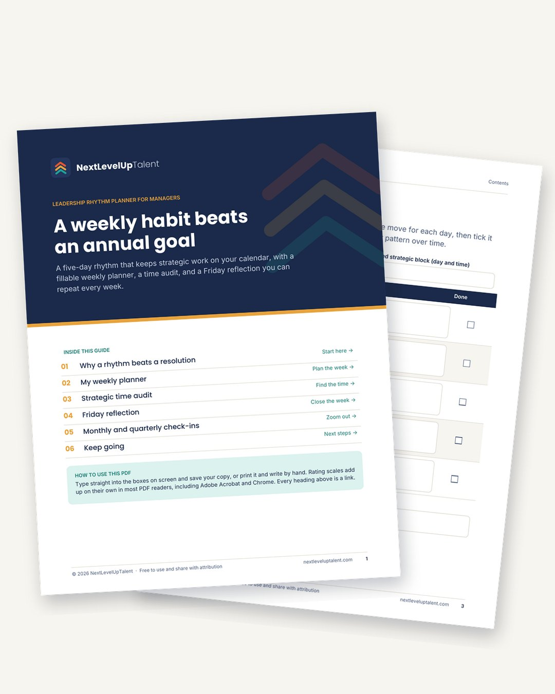Cover and inside page of the A weekly habit beats an annual goal guide
