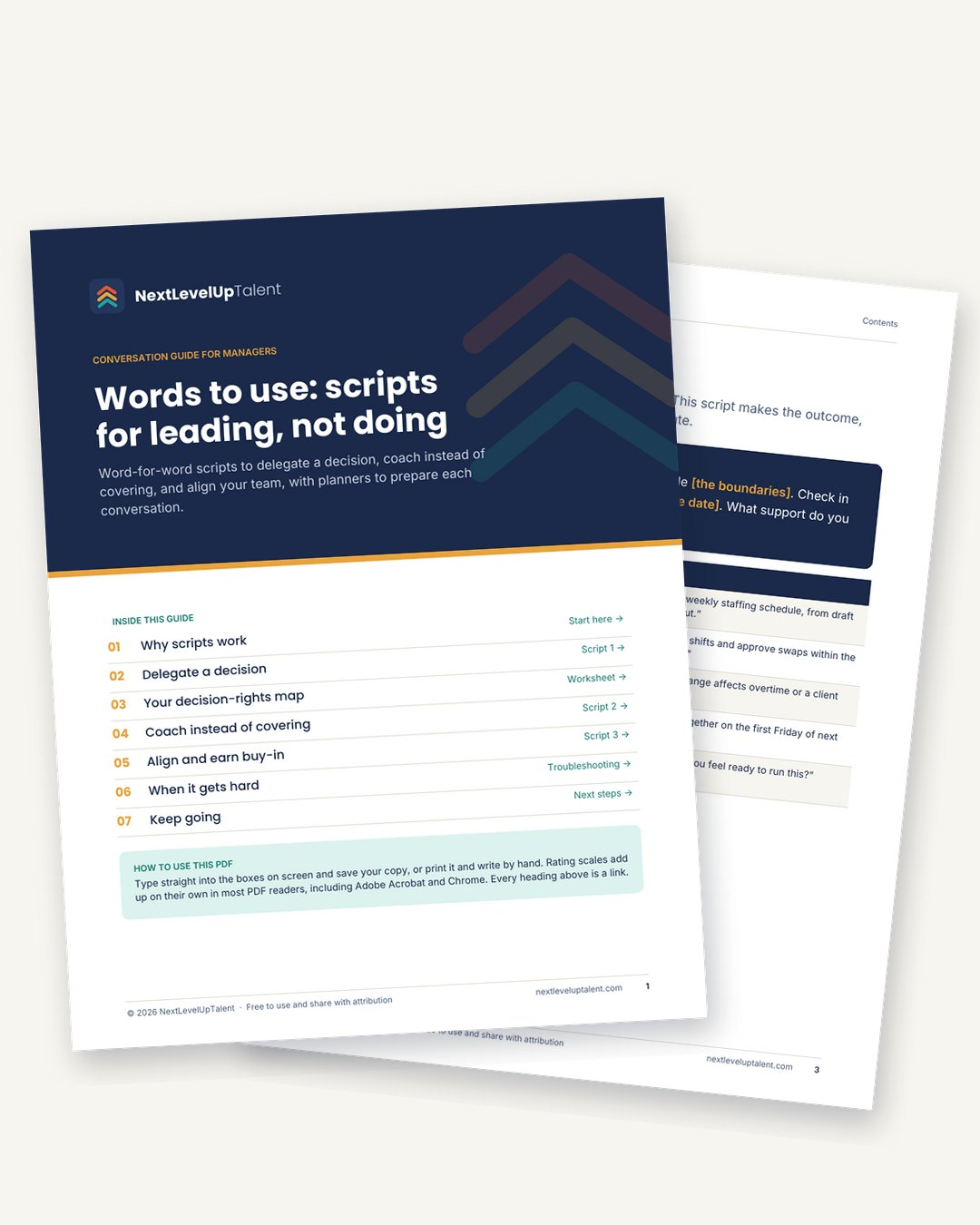 Cover and inside page of the Words to use: scripts for leading, not doing guide